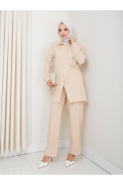 Hb Harma Time Butik Women's Belted Buttoned Strawberry Fabric Beige Double Suit
