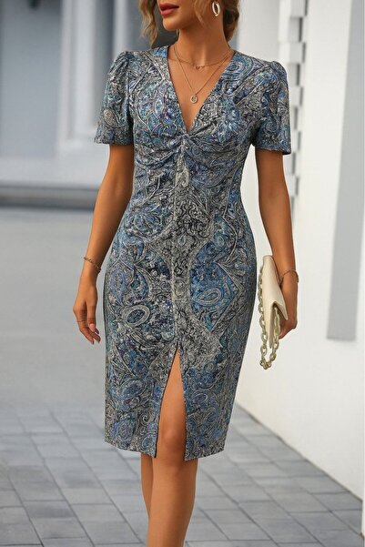 ALPACO فستان أطلس ميدي نسائي بأكمام قصيرة وياقة على شكل حرف V ونقشة زهور - مجموعة