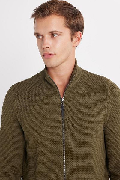 Tudors Cardigan pentru bărbați, cu croiala standard, cu model, cu jumătate de gât cu fermoar, culoare kaki deschis