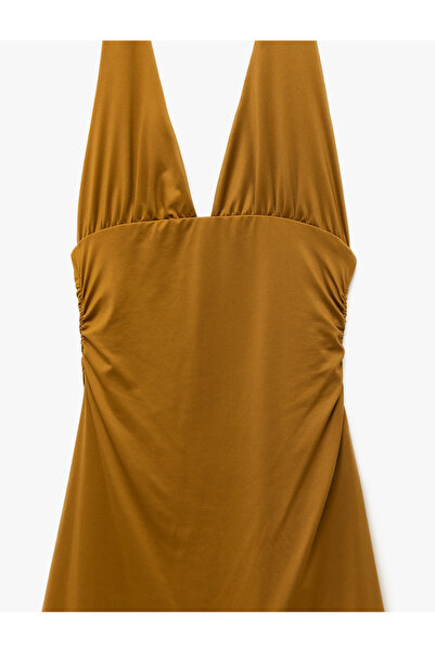 Koton Drape Detaylı Boyundan Bağlamalı Sırt Dekolteli Derin V Yaka Mini Elbise