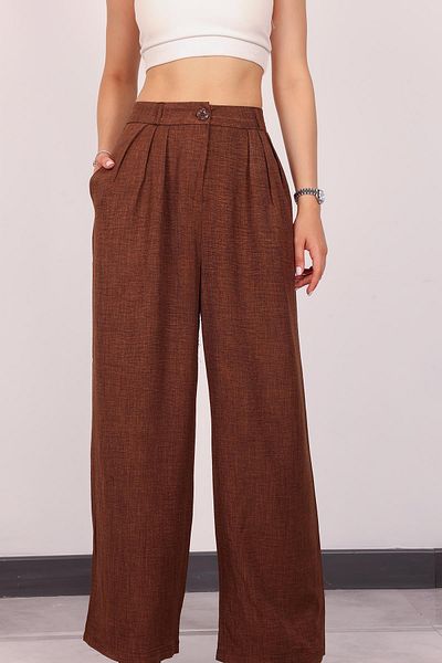 Hazel Women's Brown Pleat Detailed Palazzo Trousers