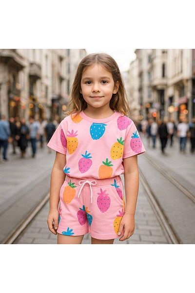 Uslukids Girl's Strawberry Printed Double Shorts Set