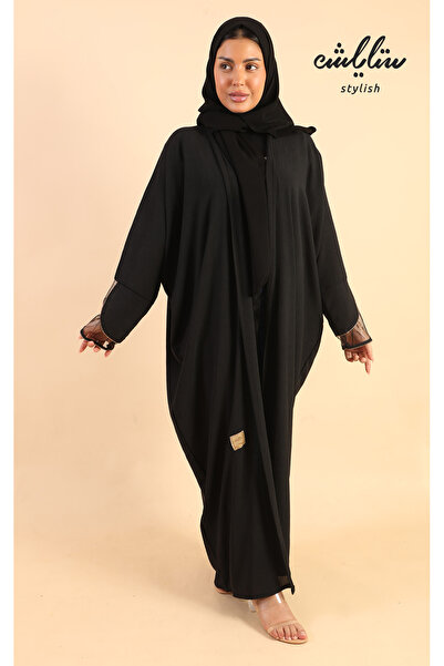Stylish عباية لنن لف باللون الأسود مزينة بدانتيل وكريستال على الكم