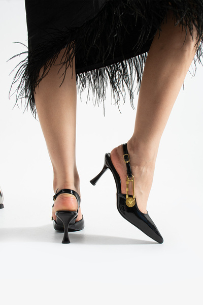 Pretty Girl Black Patent Leather Pointed Toe Button Buckle Thin Heel Shoes Stiletto (Heel Height 8cm)