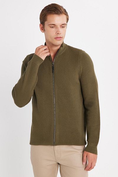 Tudors Cardigan pentru bărbați, cu croiala standard, cu model, cu jumătate de gât cu fermoar, culoare kaki deschis
