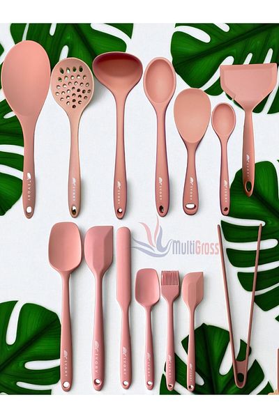 Multiamo Heat Resistant Silicone Tongs Colander Ladle Spatula Spoon Set (30-28-22-20 cm) 14 Pieces