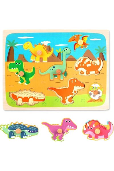 CLICK Puzzle Montessori din Lemn pentru Copii, 3D, 0-3 Ani, Model Dinozauri, Educativ, Intuitiv, Creativ,