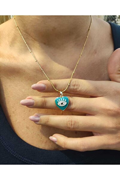 MoS JEWELLERY Gold Renk Nazar Göz Figürlü Kalp Model Paslanmaz Çelik Kolye - ...