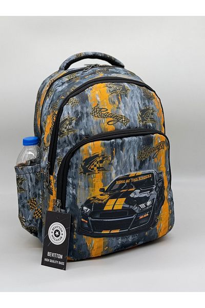 Bevitton Set de 3 bucăți cu model de mașină galbenă pentru băiat, geantă de școală primară