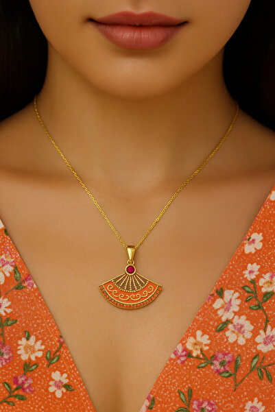 Lorvia قلادة مروحة من حجر الزركون الذهبي المينا مع قلادة من الفولاذ باللون البرتقالي، نموذج مجوهرات أنيق ولامع