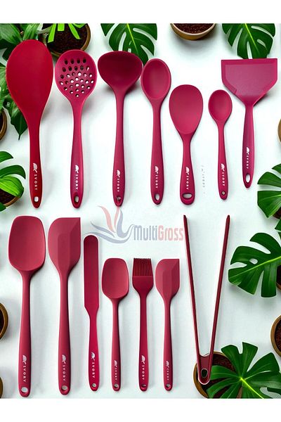 Multiamo Heat Resistant Silicone Tongs Colander Ladle Spatula Spoon Set (30-28-22-20 cm) 14 Pieces