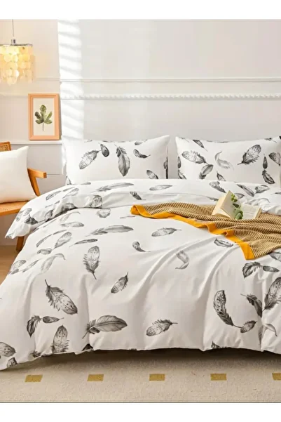 LUNA HOME Queen size 6 piece duvet cover set, white bed linen with gray feathers 200x230cm.