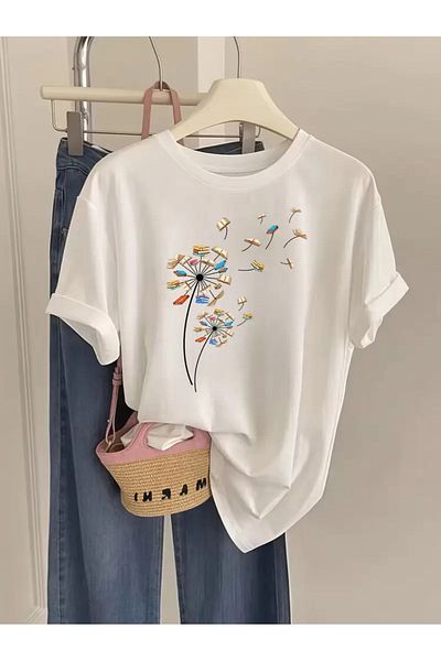 aynewmoda Women's dandelion and book art Printed t-shirt, relaxed fit round neck