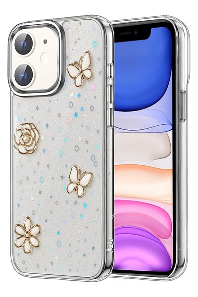 m.tk moveteck حافظة متوافقة مع هاتف Apple iPhone 12، غطاء لامع بتصميم فيونكة شفاف من الإيبوكسي الفضي للكاميرا