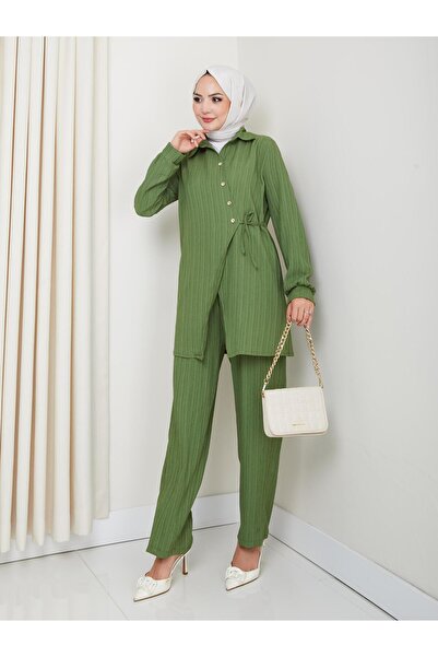 Hb Harma Time Butik Γυναικείο Ζώνη με Κουμπιά Φράουλα Ύφασμα Πράσινο Διπλό Σετ