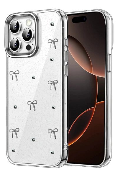 m.tk moveteck حافظة متوافقة مع هاتف iPhone 14 Pro Max، غطاء لامع بتصميم فيونكة شفاف لامع من الإيبوكسي الفضي للكاميرا