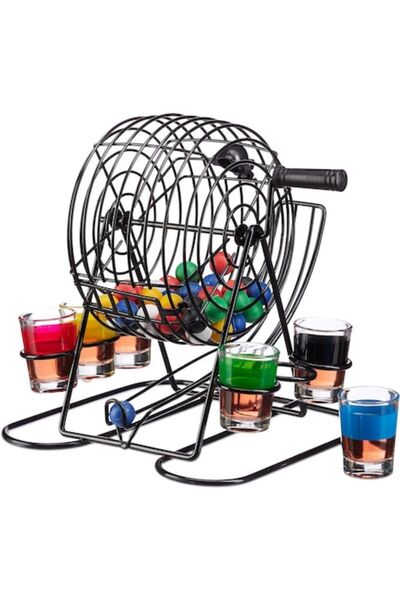 CLICK Joc Mini Loterie, Bingo, cu Pahare de Shot din Sticla, 20 x 20 x 19 cm, 48 Bile, Negru
