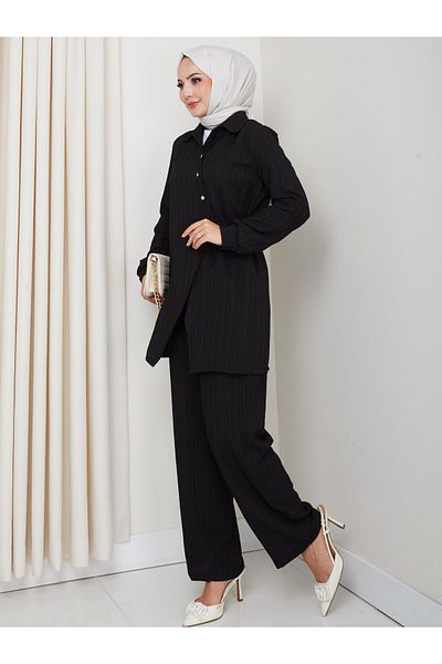 Hb Harma Time Butik Women's Belted Buttoned Strawberry Fabric Black Double Suit
