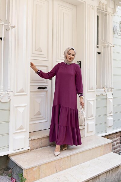 Hb Harma Time Butik Women's Layered Ribbed Fuchsia Hijab Dress