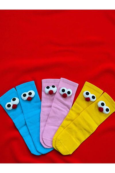 MODA 3 Pack Blue, Yellow, Pink Fun Socks with Wheel Eyes