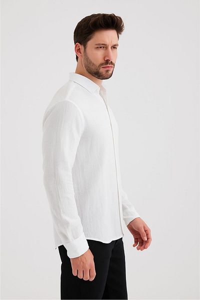 macharel jeans قميص رجالي بأزرار وياقة من الموسلين وأكمام طويلة