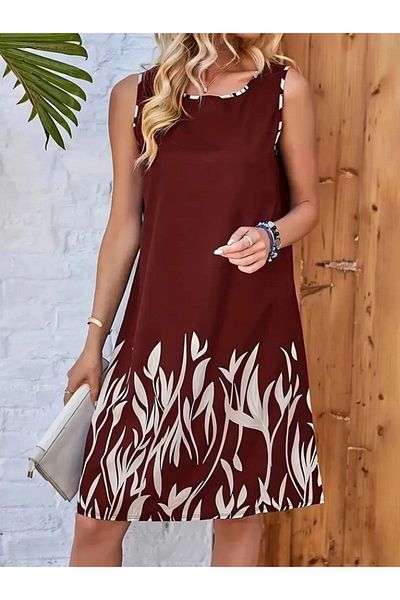 Modayakamoz New Season Women's Strap Round Neck Leaf Patterned Diving Dress