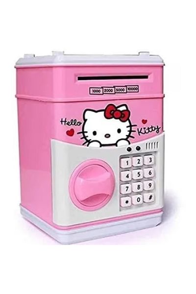 FOXMAG24 Pușculiță pentru copii, Hello Kitty, cu funcție bancomat, cod PIN și seif, roz/alb