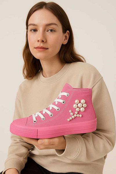 LİASSHOES Pink Linen Pearl Flower Children's Sneakers