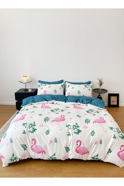 LUNA HOME Single size,4pc a stunning pink flamingo design set against a white background with touches of pink.