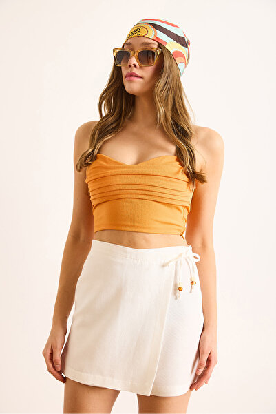 Olalook Women's White Lace Detailed Mini Linen Shorts Skirt Etk-19000339