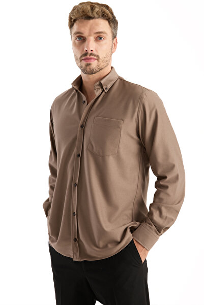 Varetta Men's Shirt Brown Long Sleeve Pocket Comfortable Fit Cotton Lycra Daily Stylish Classic Model