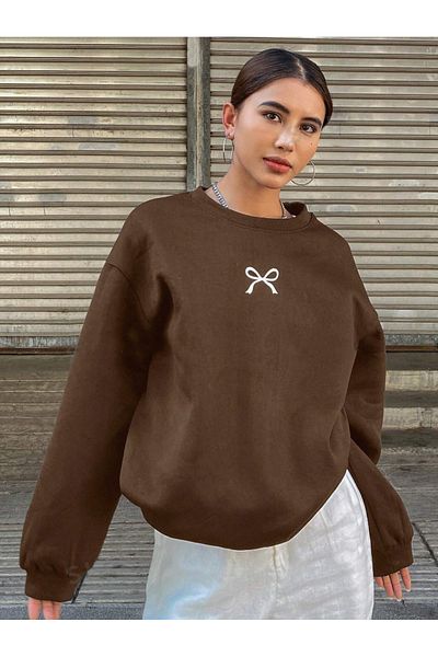 StartMore Brown Unisex Men/Women's Ribbon Special Colored Oversize Crew Neck Cotton