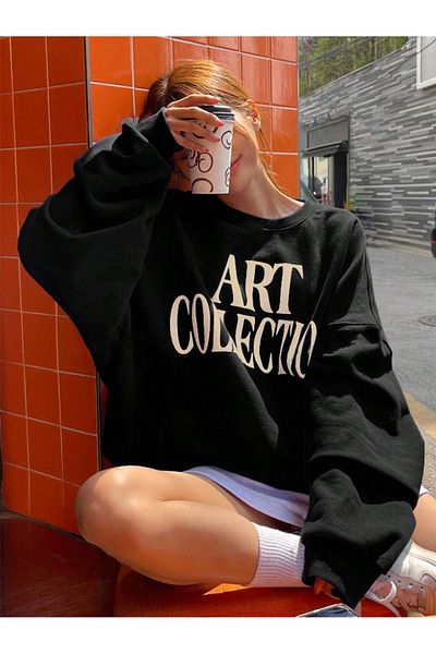 StartMore Black Women's Art Collection Daisy Special Colored Oversize Crew Neck Cotton