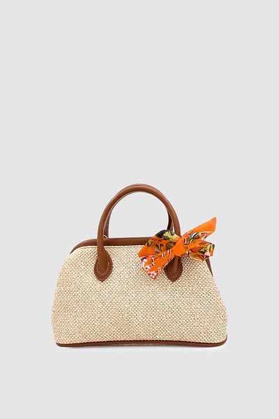 Wuclo Peyli Scarf Detailed Cross Strap Straw Handbag Brown