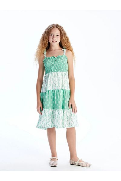 LC Waikiki Kids White Square Neck Floral Raschel Fabric Girl's Dress