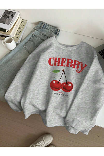 StartMore Gray Unisex Men/Women Cherry Custom Colored Oversize Crew Neck Cotton