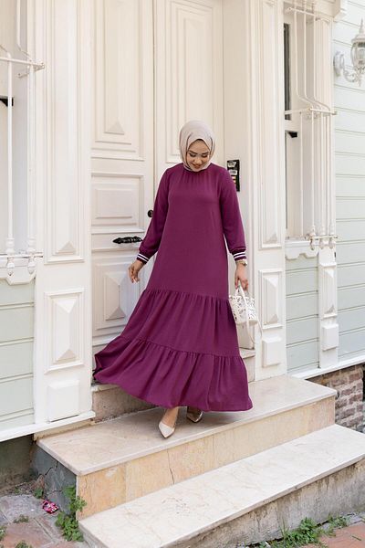 Hb Harma Time Butik Women's Layered Ribbed Fuchsia Hijab Dress