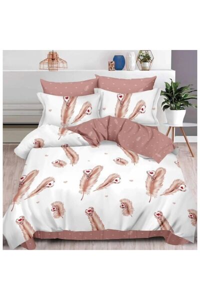 OEM Lenjerie pat dublu, 6 piese, 2 persoane, 180x200cm, Finet Satinat, Imprimeu Pene, Alb-Bej