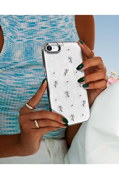 m.tk moveteck حافظة متوافقة مع هاتف iPhone 15 Pro Max، غطاء لامع منقوش بفيونكة شفافة من الإيبوكسي الفضي للكاميرا
