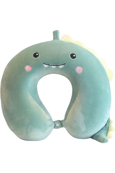 CLICK Travel Pillow in U Shape, Flippy, Memory Foam Filling, 30x30 cm, Dinosaur Design, Green