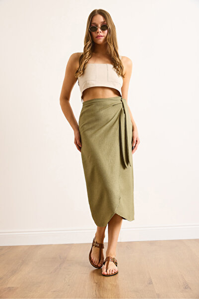 Olalook Women's Khaki Binding Detailed Wrapped Midi Linen Skirt Etk-19000342