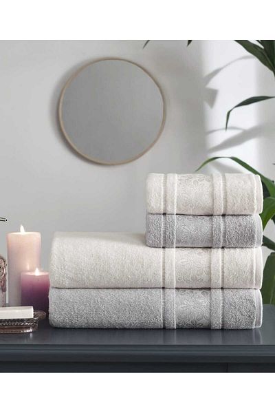 Özdilek Camellia Best Set Gray Cream Bath Set 2 Towels + 2 Beach Towels