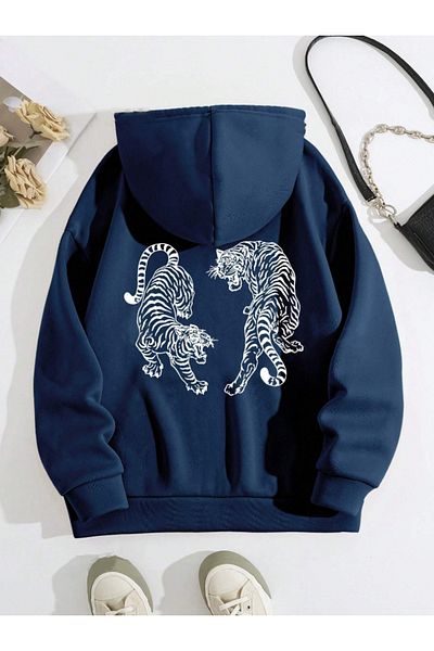 StartMore Navy Blue Unisex Men/Women Tiger Colorful Custom Printed Cotton Oversize Hoodie