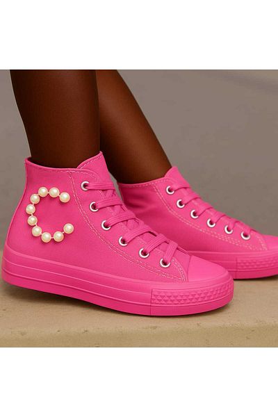 LİASSHOES Pink Linen Special Design Pearl Letter Children's Sneakers
