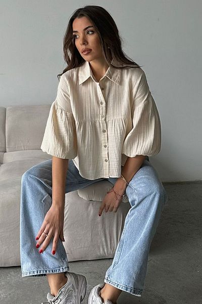 VAGGON Women's Cream Short Sleeve Muslin Fabric Premium Shirt Vs00659