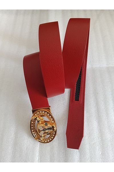 Butik Tülin Unisex Authentic Genuine Cowhide Leather Red Gold Shiny Crystal Stone Bull Head Automatic Buckle Belt