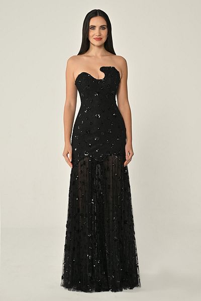 ALFABETA Women's Asymmetrical Strapless Neckline Shiny Stone Patterned Tulle Detailed Black Evening Dress & Homecoming Dress Ab7112