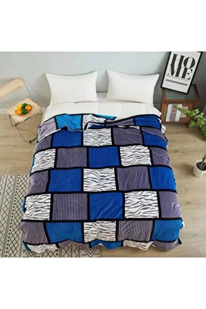 OEM Patura Cocolino, 2 persoane, 200x230cm, Imprimeu Patratele, Albastru-Gri