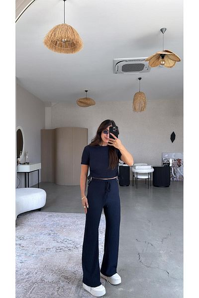 Buket Teke Navy Blue Seersucker Drawstring Cropped Suit
