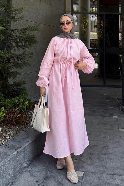lamelif Balloon Sleeve Tie Hijab Dress Candy Pink
